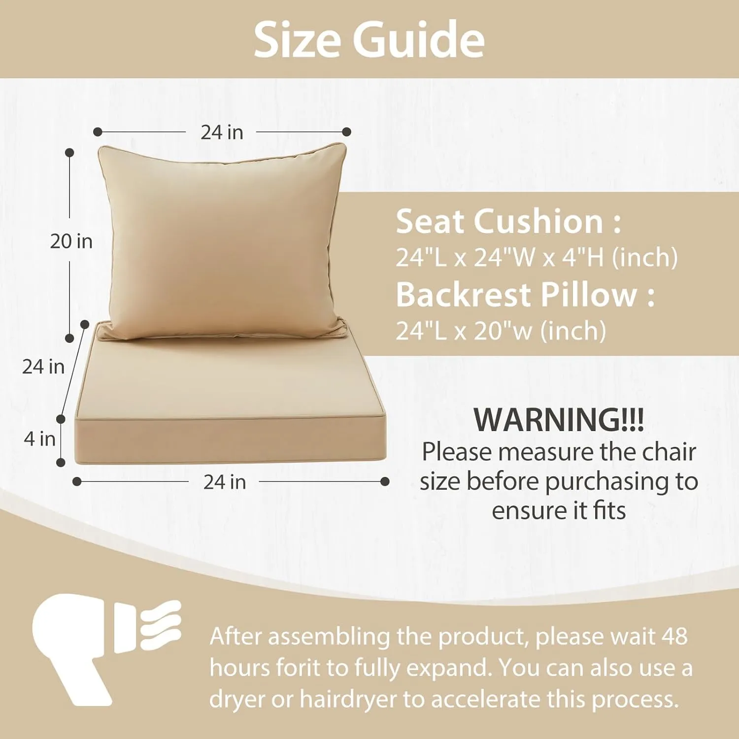 Outdoor Seat Cushion Set 24x24 Inch Waterproof & Fade Resistant Cushions for Patio Furniture, Removable Cover Deep Seat & Back Cushion with Handle and Adjustable Straps for Chair Sofa, Beige