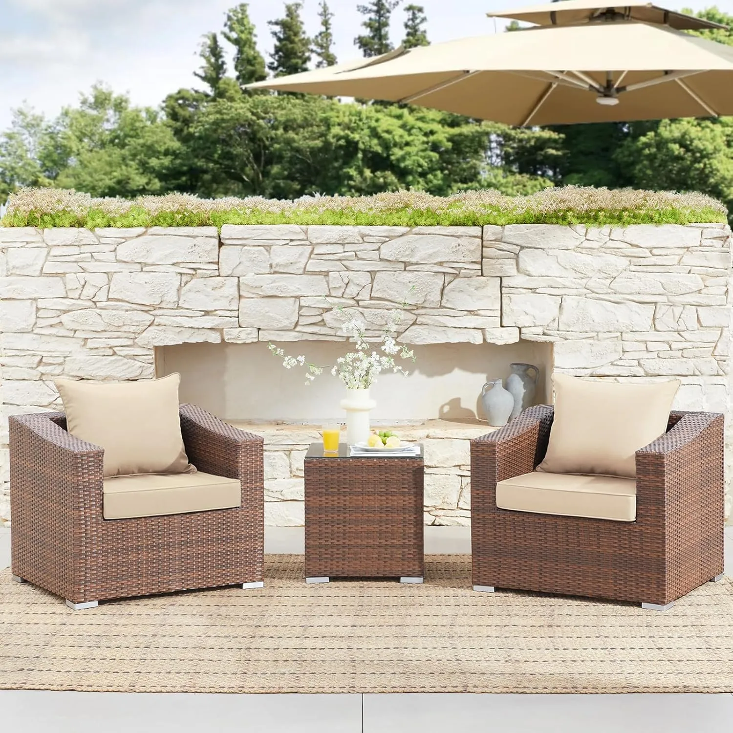 Outdoor Seat Cushion Set 24x24 Inch Waterproof & Fade Resistant Cushions for Patio Furniture, Removable Cover Deep Seat & Back Cushion with Handle and Adjustable Straps for Chair Sofa, Beige