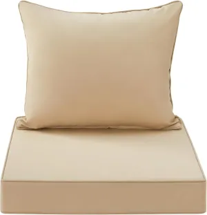 Outdoor Seat Cushion Set 24x24 Inch Waterproof & Fade Resistant Cushions for Patio Furniture, Removable Cover Deep Seat & Back Cushion with Handle and Adjustable Straps for Chair Sofa, Beige