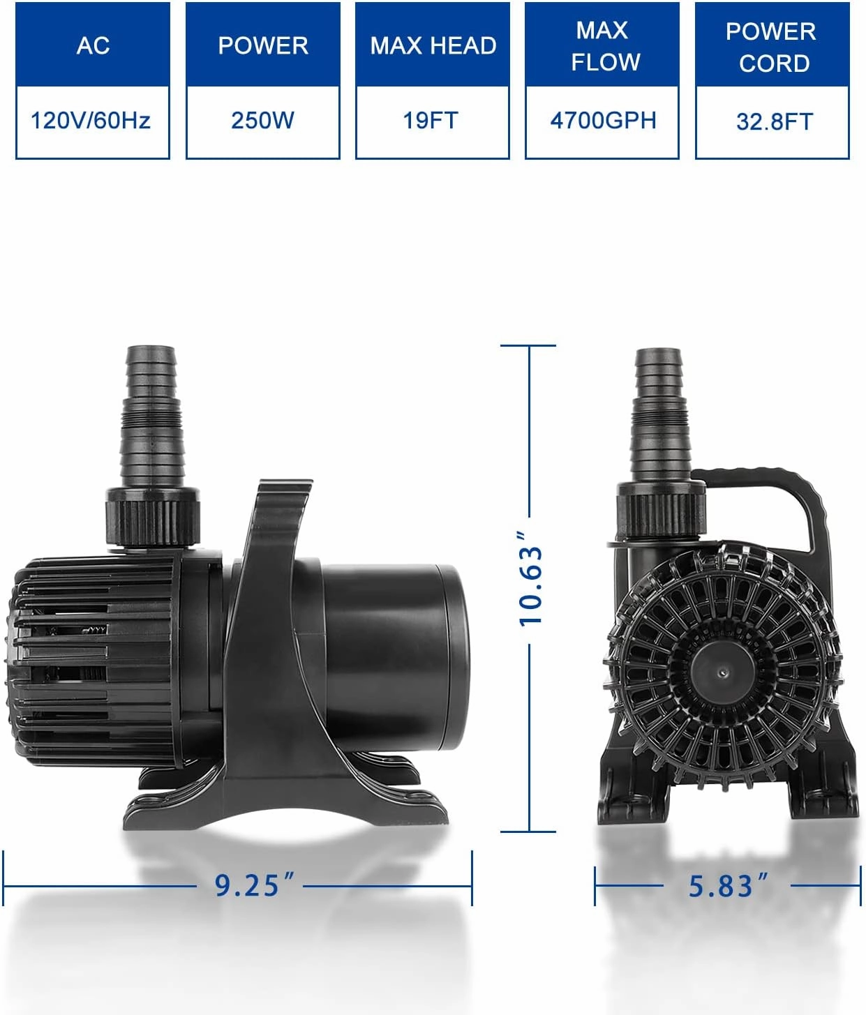 Outdoor Large 4700gph-250W 32.8FT Pond Water-fall & Kio Fish Fountain-s &Garden Pump Submersible IPX8: Long 32.8FT Cord Smart-er & Quieter Duck & Yard& Patio Ponds Pumps, 1 Barrier Pump Bag