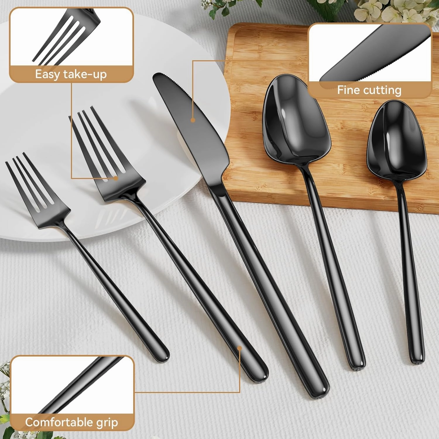 Oval Black 20-Piece Silverware Set, Stainless Steel Flatware Set with American Design, Modern Cutlery Set, Service for 4, Dishwasher Safe