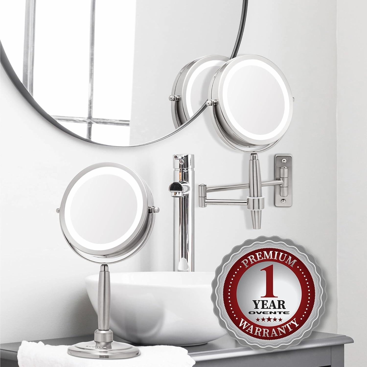 OVENTE 7'' Lighted Makeup Mirror with 1X/8X Magnification, Cordless Multi-Functional Round Vanity Mirror with 360° Swivel Design, Double Sided and Three Toned LED Lights, Nickel Brushed MFM70BR1X8X