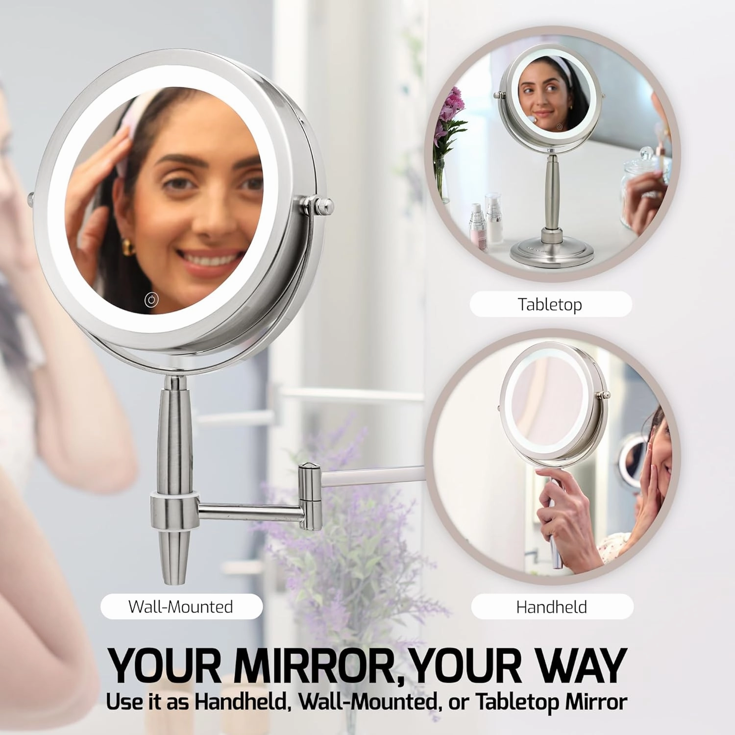 OVENTE 7'' Lighted Makeup Mirror with 1X/8X Magnification, Cordless Multi-Functional Round Vanity Mirror with 360° Swivel Design, Double Sided and Three Toned LED Lights, Nickel Brushed MFM70BR1X8X