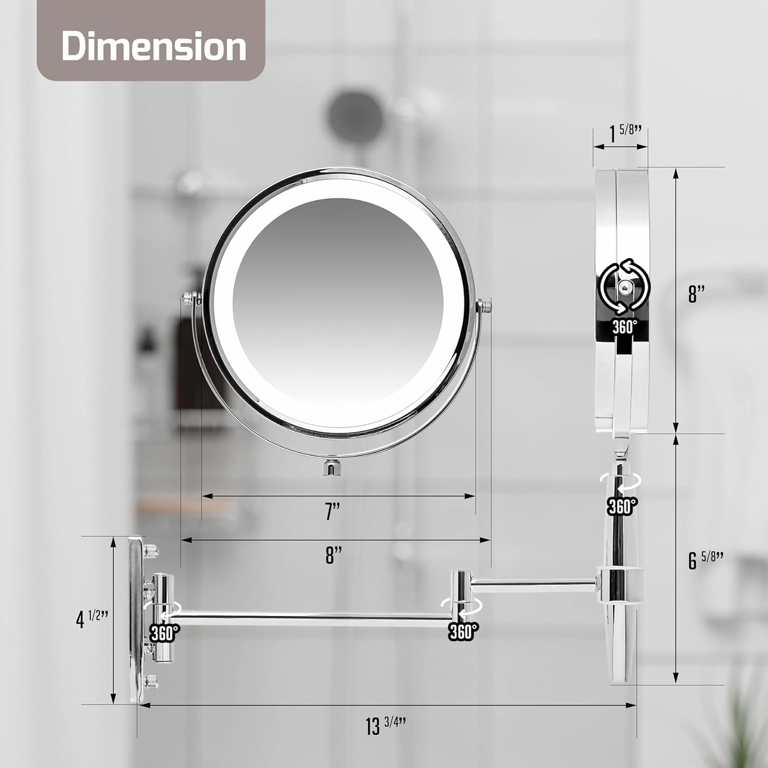 OVENTE 7'' Lighted Makeup Mirror with 1X/8X Magnification, Cordless Multi-Functional Round Vanity Mirror with 360° Swivel Design, Double Sided and Three Toned LED Lights, Nickel Brushed MFM70BR1X8X