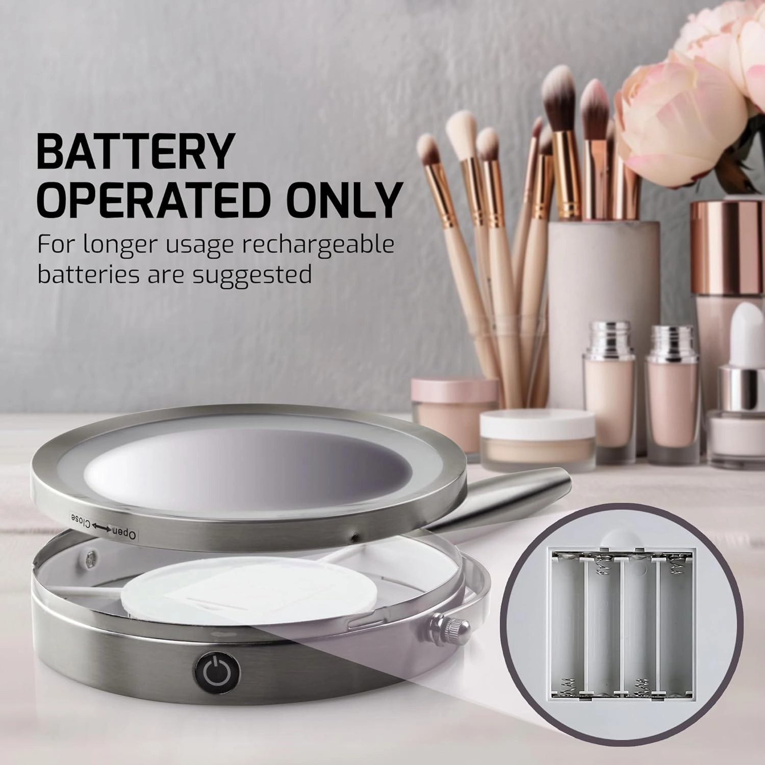 OVENTE 7'' Lighted Makeup Mirror with 1X/8X Magnification, Cordless Multi-Functional Round Vanity Mirror with 360° Swivel Design, Double Sided and Three Toned LED Lights, Nickel Brushed MFM70BR1X8X