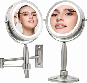 OVENTE 7'' Lighted Makeup Mirror with 1X/8X Magnification, Cordless Multi-Functional Round Vanity Mirror with 360° Swivel Design, Double Sided and Three Toned LED Lights, Nickel Brushed MFM70BR1X8X