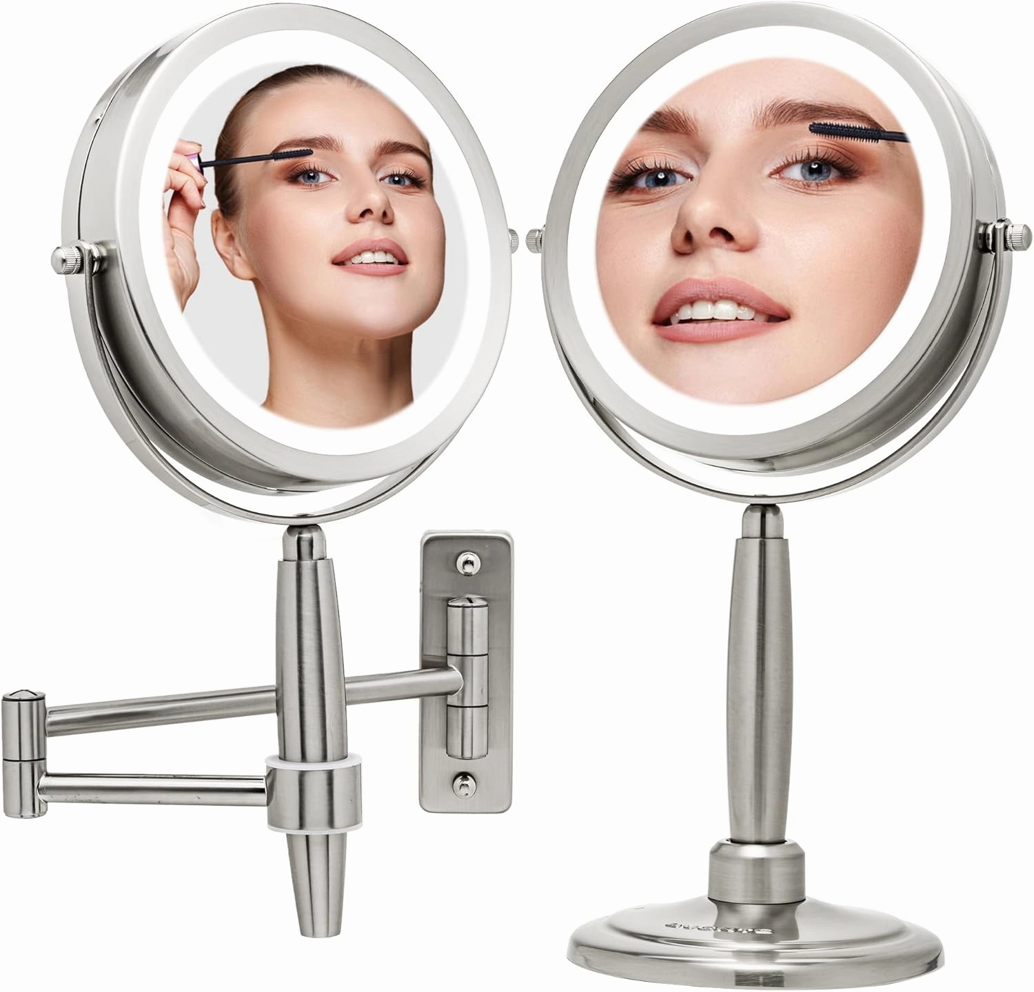 OVENTE 7'' Lighted Makeup Mirror with 1X/8X Magnification, Cordless Multi-Functional Round Vanity Mirror with 360° Swivel Design, Double Sided and Three Toned LED Lights, Nickel Brushed MFM70BR1X8X