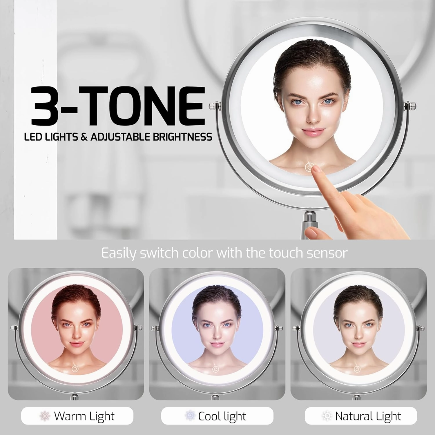 OVENTE 7'' Lighted Makeup Mirror with 1X/8X Magnification, Cordless Multi-Functional Round Vanity Mirror with 360° Swivel Design, Double Sided and Three Toned LED Lights, Nickel Brushed MFM70BR1X8X