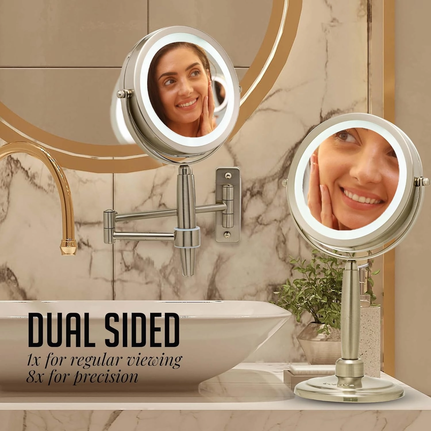 OVENTE 7'' Lighted Makeup Mirror with 1X/8X Magnification, Cordless Multi-Functional Round Vanity Mirror with 360° Swivel Design, Double Sided and Three Toned LED Lights, Nickel Brushed MFM70BR1X8X