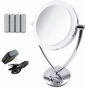 Ovente 8" Lighted Tabletop Makeup Mirror with 1X/10X Magnification, Double-Sided Magnifying Vanity Mirror, Dimmable LED Lights, 360° Swivel Design and Dual Power Supply, Polished Chrome MLT75CH1X10X
