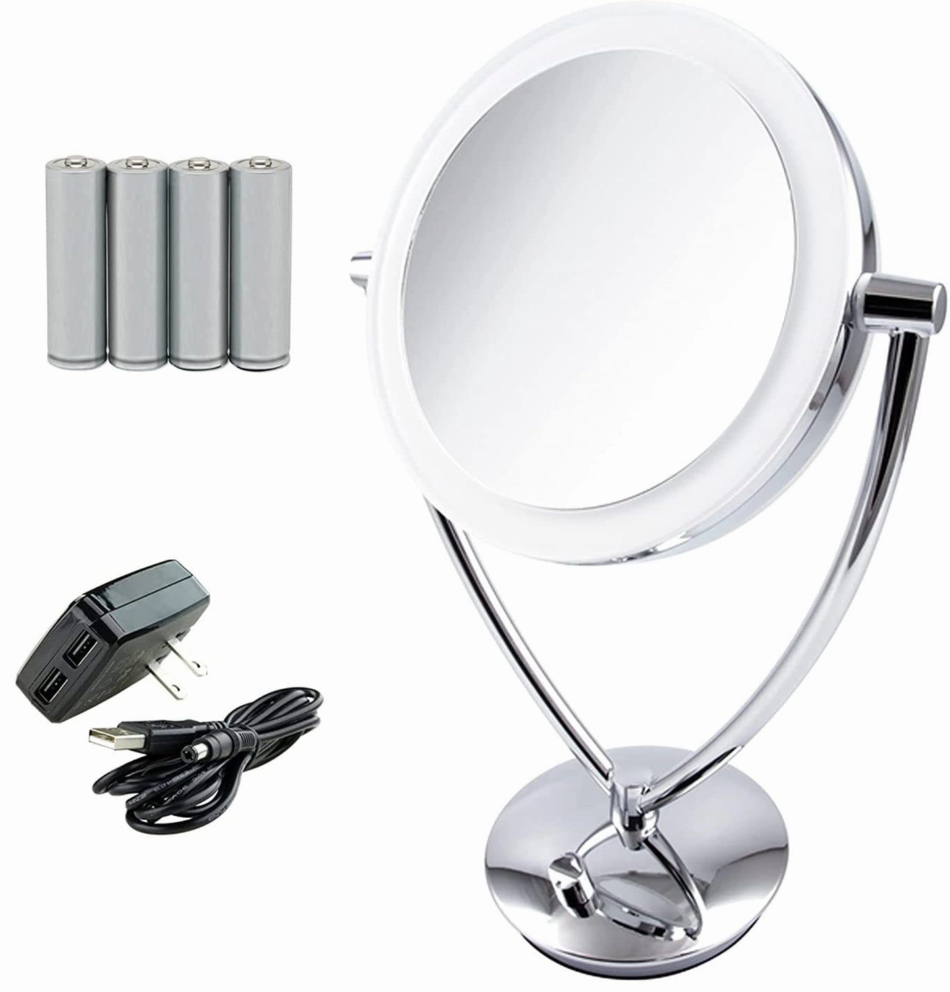 Ovente 8" Lighted Tabletop Makeup Mirror with 1X/10X Magnification, Double-Sided Magnifying Vanity Mirror, Dimmable LED Lights, 360° Swivel Design and Dual Power Supply, Polished Chrome MLT75CH1X10X