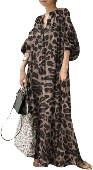 Oversized Dress for Women Lantern Long Sleeve Long Dress Casual V Neck Cotton Maxi Dress Plus Size Shirt Dress Pocket