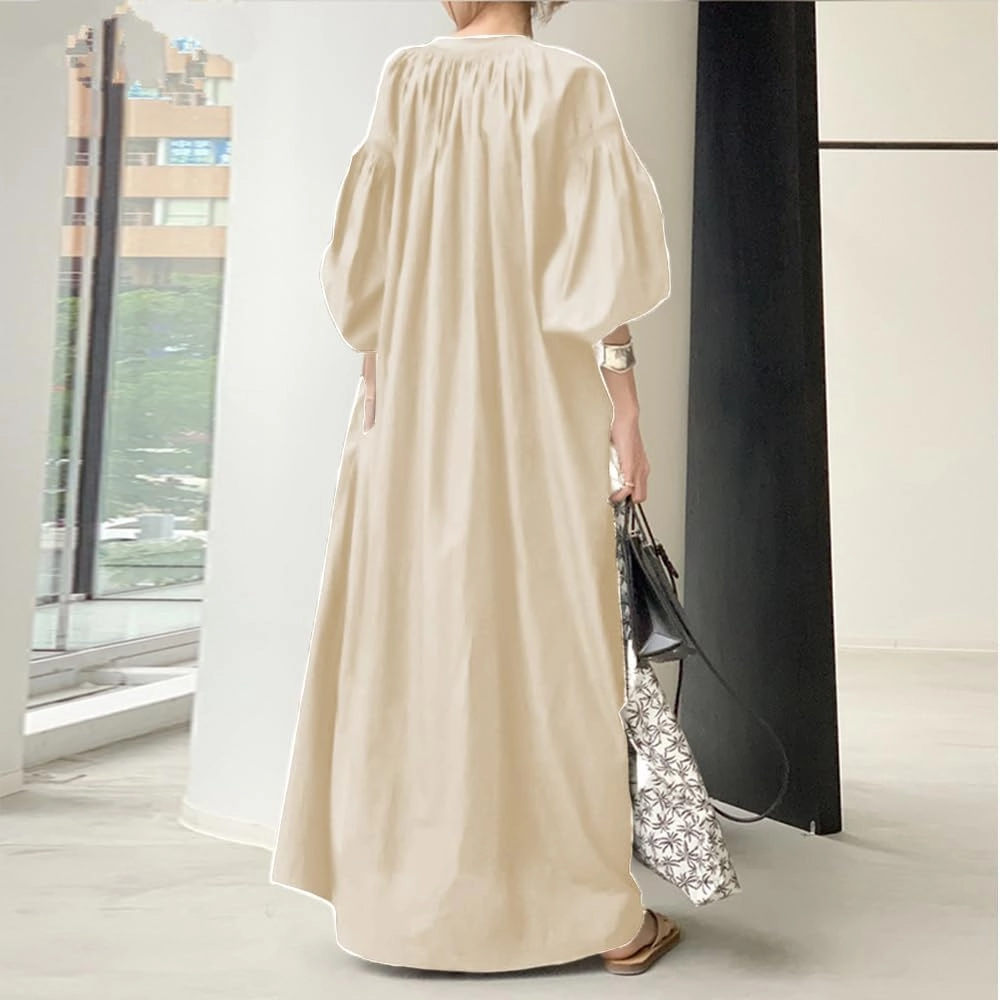 Oversized Dress for Women Lantern Long Sleeve Long Dress Casual V Neck Cotton Maxi Dress Plus Size Shirt Dress Pocket