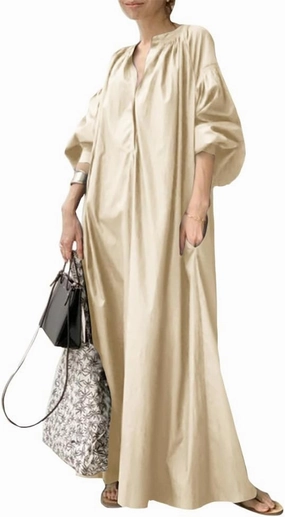 Oversized Dress for Women Lantern Long Sleeve Long Dress Casual V Neck Cotton Maxi Dress Plus Size Shirt Dress Pocket