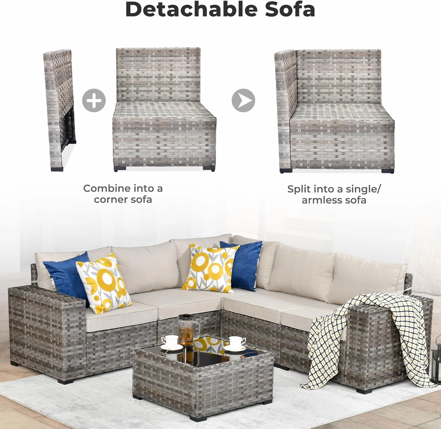 ovios 6 Pieces Patio Furniture Set, Outdoor Wicker Sectional Sofa with Coffee Table Comfy Cushions, Modern Modular Deep Seat Rattan Couch Conversation Set, Beige