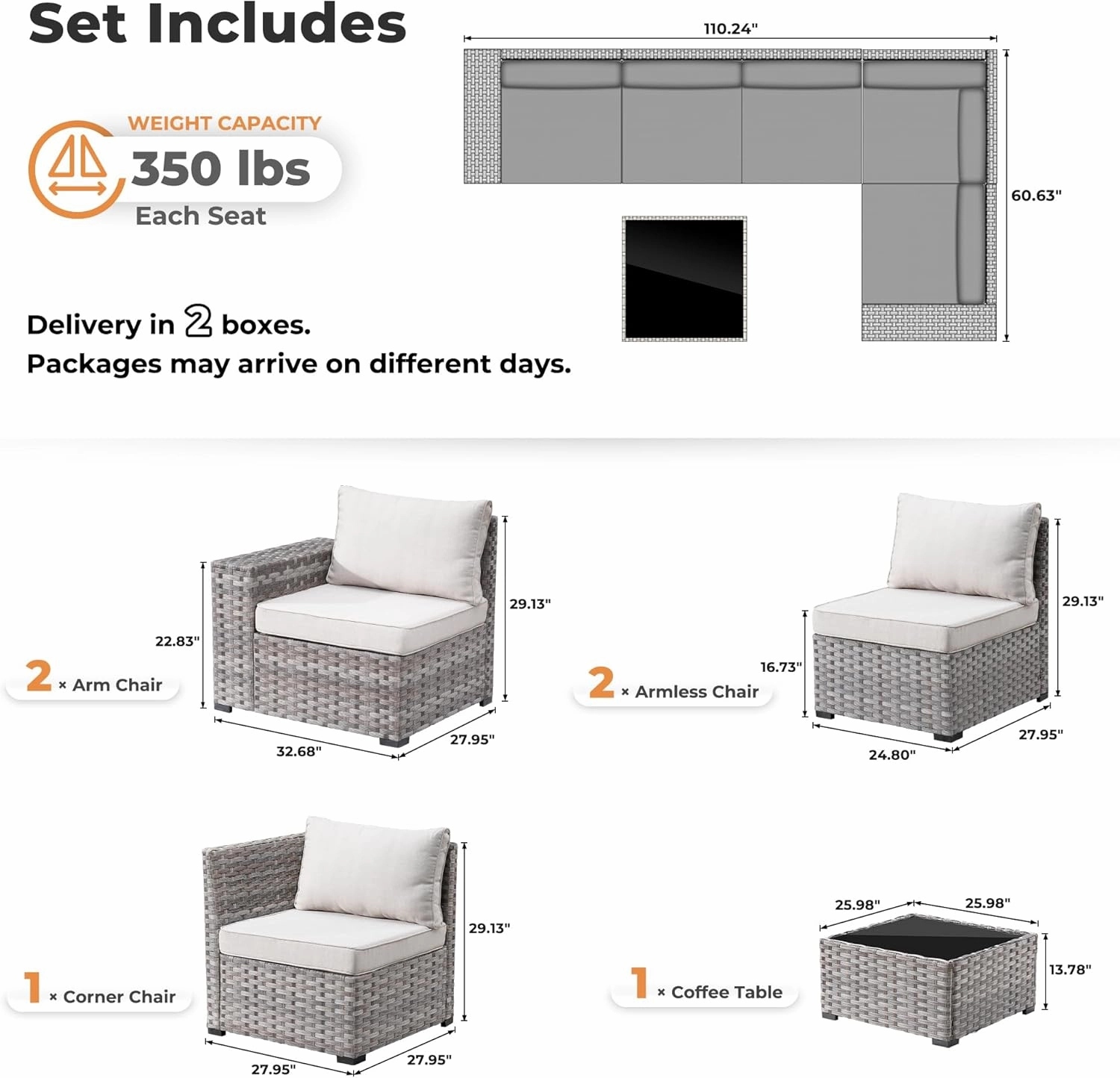 ovios 6 Pieces Patio Furniture Set, Outdoor Wicker Sectional Sofa with Coffee Table Comfy Cushions, Modern Modular Deep Seat Rattan Couch Conversation Set, Beige