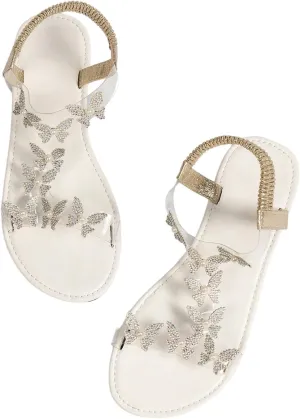 OYOANGLE Women's Rhinestone Butterfly Decor Ankle Strap Sandals Open Toe Work Dressy Clear Flat Sandal