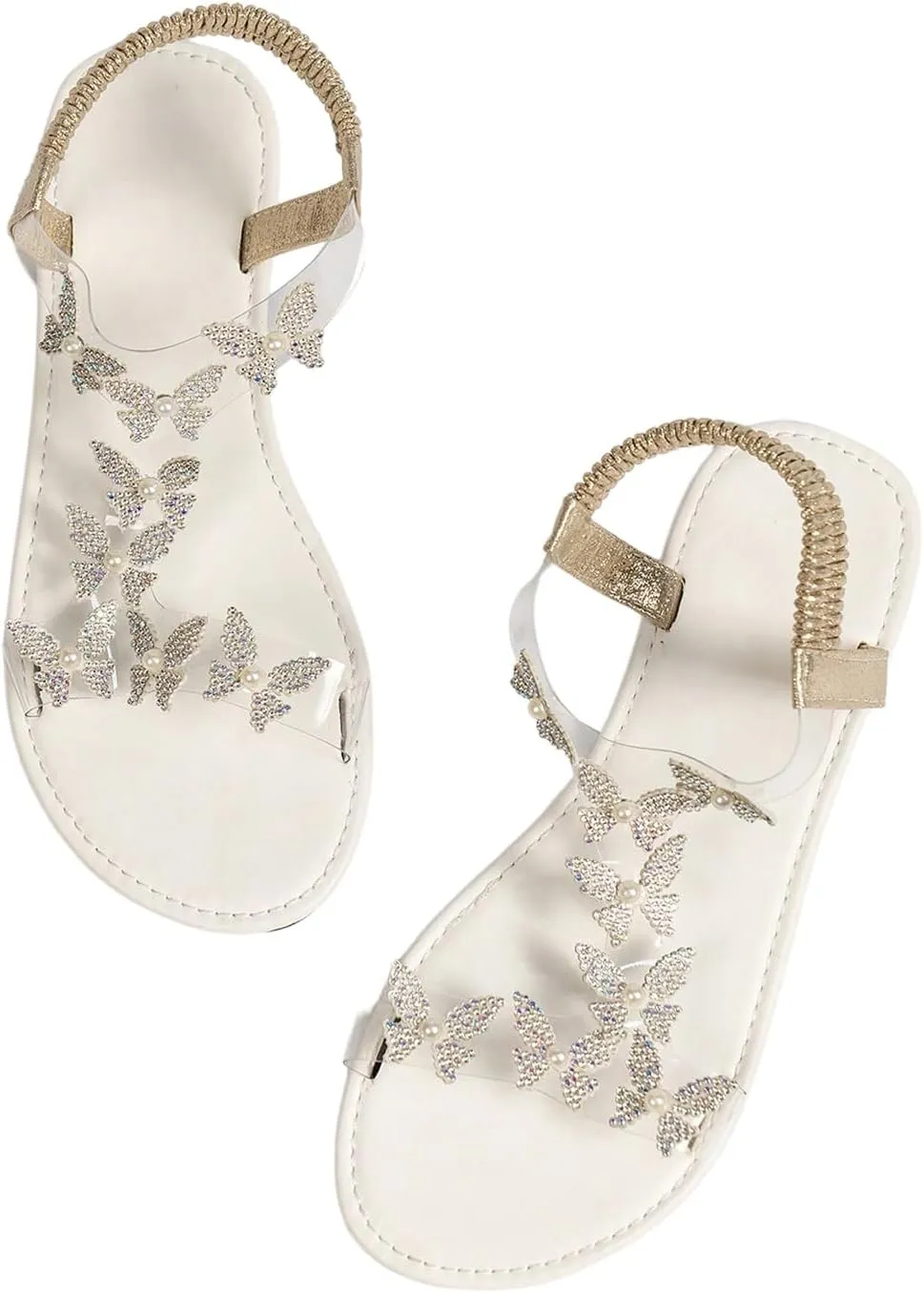 OYOANGLE Women's Rhinestone Butterfly Decor Ankle Strap Sandals Open Toe Work Dressy Clear Flat Sandal
