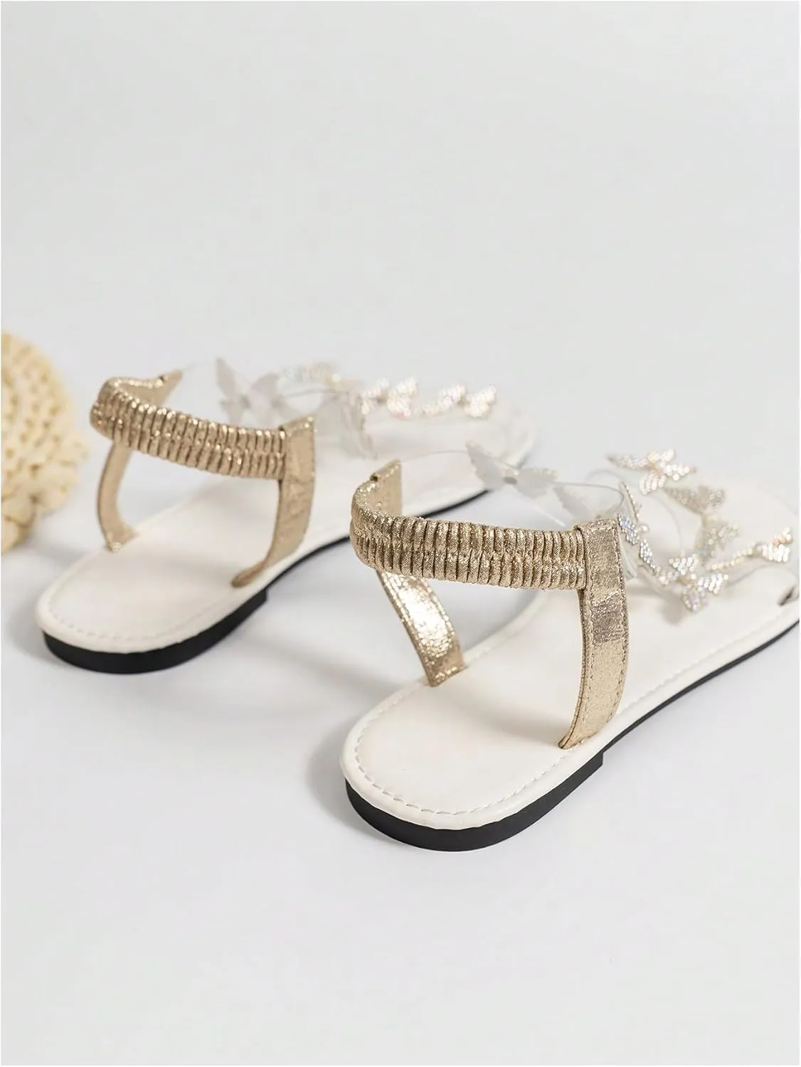 OYOANGLE Women's Rhinestone Butterfly Decor Ankle Strap Sandals Open Toe Work Dressy Clear Flat Sandal