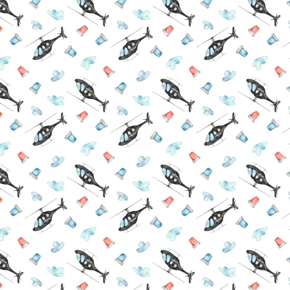 Packed Police Helicopter With Lights Fabric - White