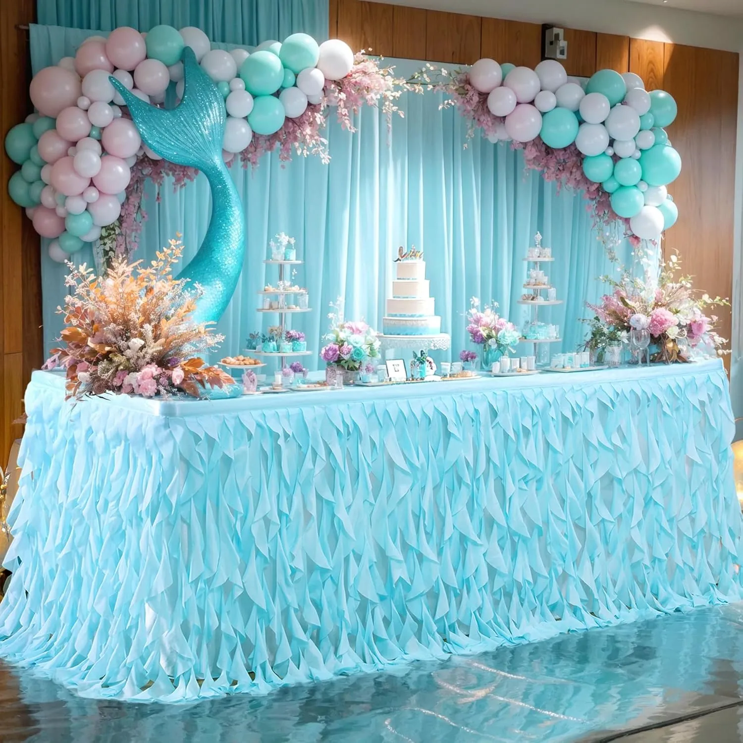 PARTISKY Aqua Blue Tulle Curly Willow Table Skirt for Rectangle Table 9ft, Ruffle Tutu Table Cloth for Boys Baby Shower,Birthday Party Candy Cake Tables