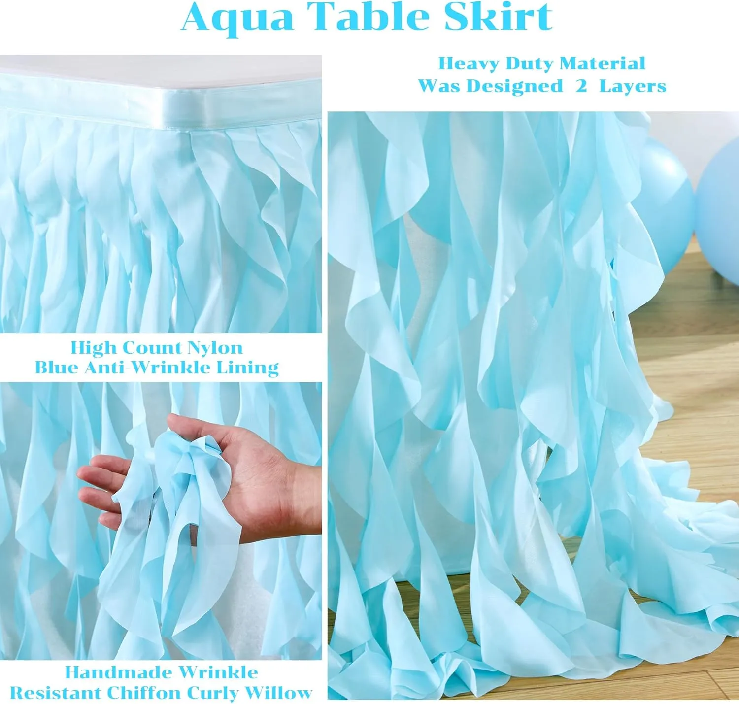 PARTISKY Aqua Blue Tulle Curly Willow Table Skirt for Rectangle Table 9ft, Ruffle Tutu Table Cloth for Boys Baby Shower,Birthday Party Candy Cake Tables