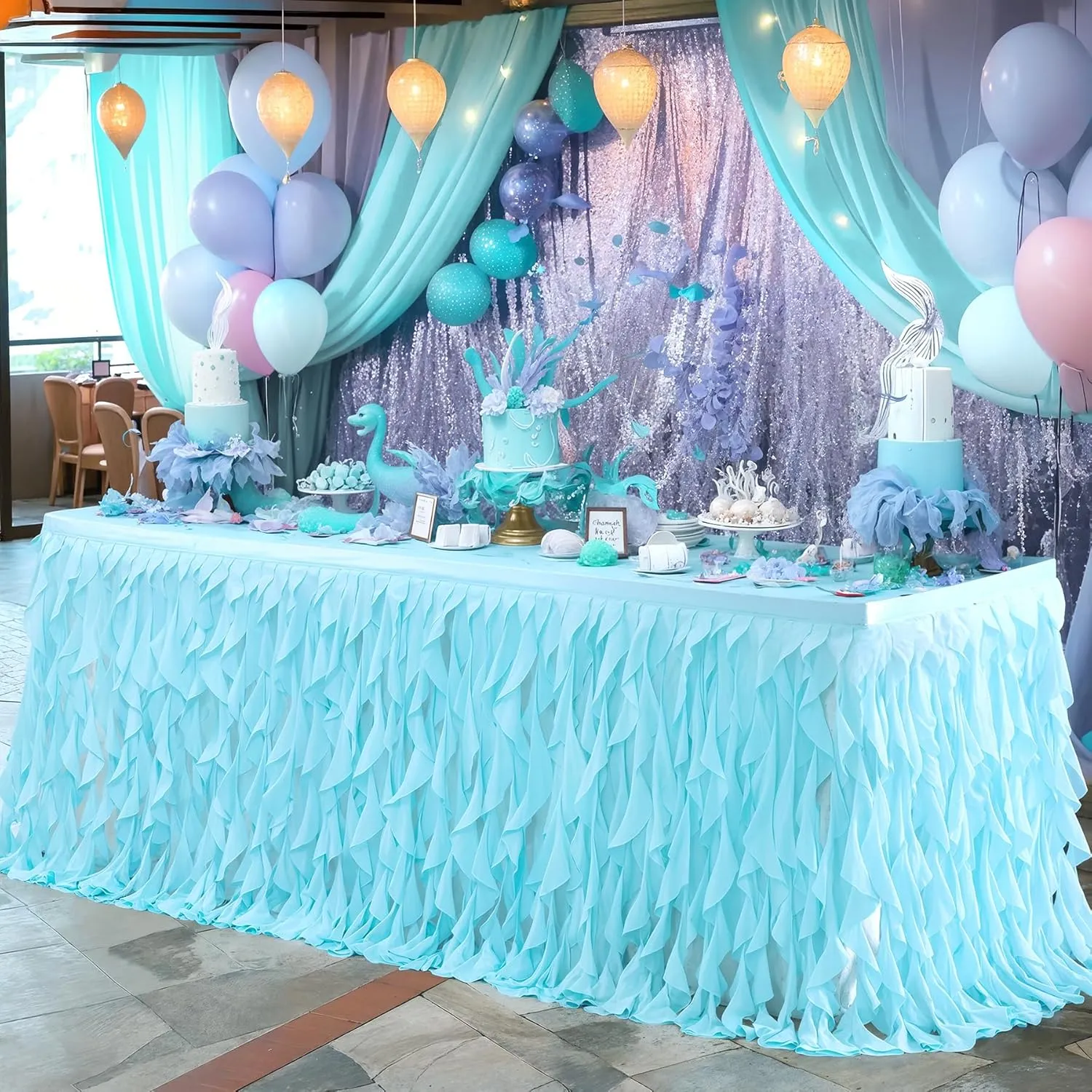 PARTISKY Aqua Blue Tulle Curly Willow Table Skirt for Rectangle Table 9ft, Ruffle Tutu Table Cloth for Boys Baby Shower,Birthday Party Candy Cake Tables
