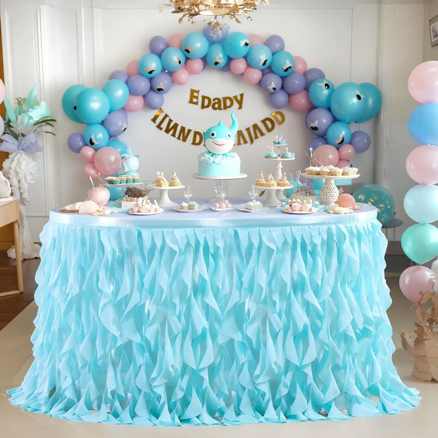 PARTISKY Aqua Blue Tulle Curly Willow Table Skirt for Rectangle Table 9ft, Ruffle Tutu Table Cloth for Boys Baby Shower,Birthday Party Candy Cake Tables