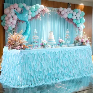 PARTISKY Aqua Blue Tulle Curly Willow Table Skirt for Rectangle Table 9ft, Ruffle Tutu Table Cloth for Boys Baby Shower,Birthday Party Candy Cake Tables
