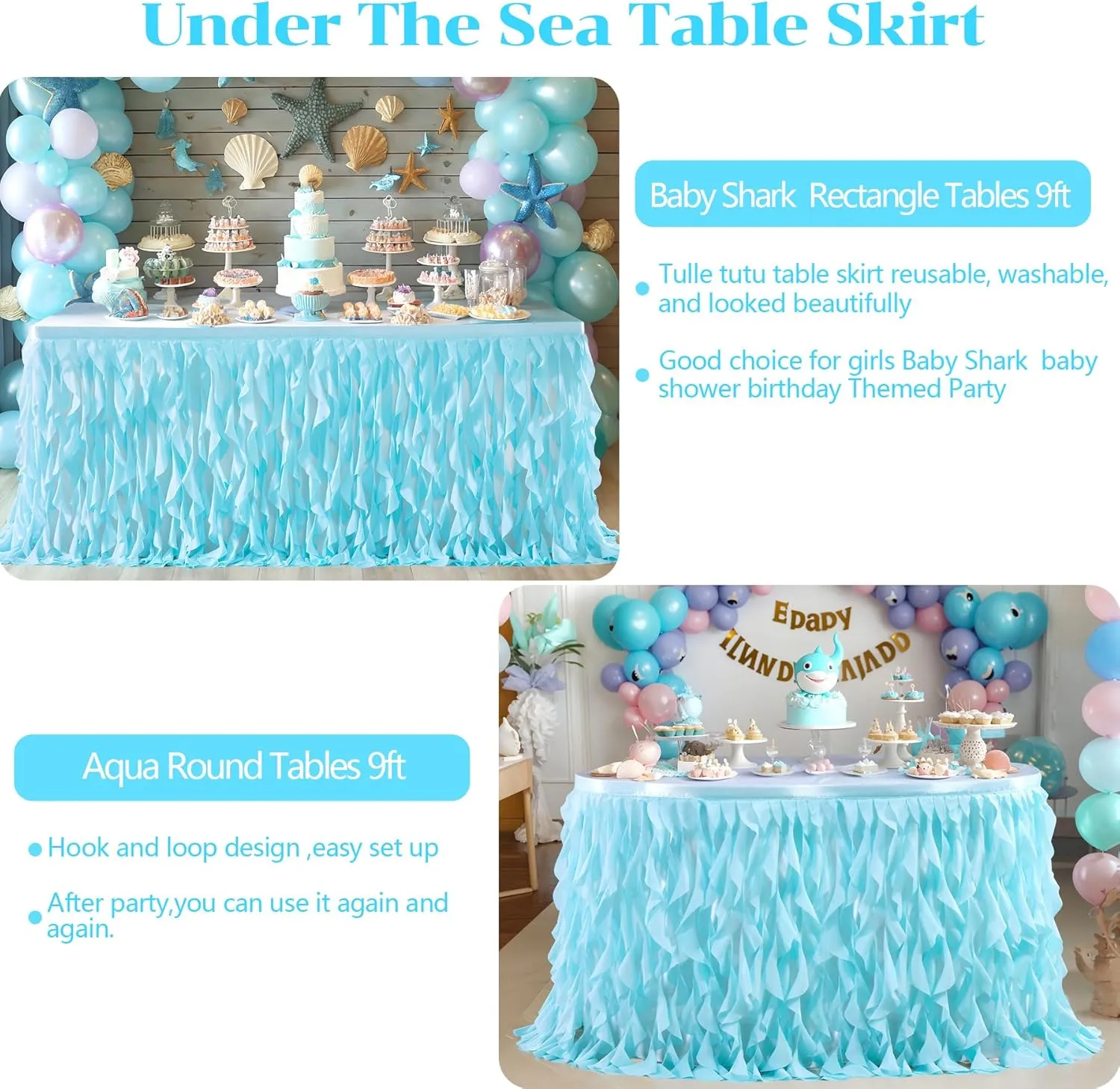 PARTISKY Aqua Blue Tulle Curly Willow Table Skirt for Rectangle Table 9ft, Ruffle Tutu Table Cloth for Boys Baby Shower,Birthday Party Candy Cake Tables