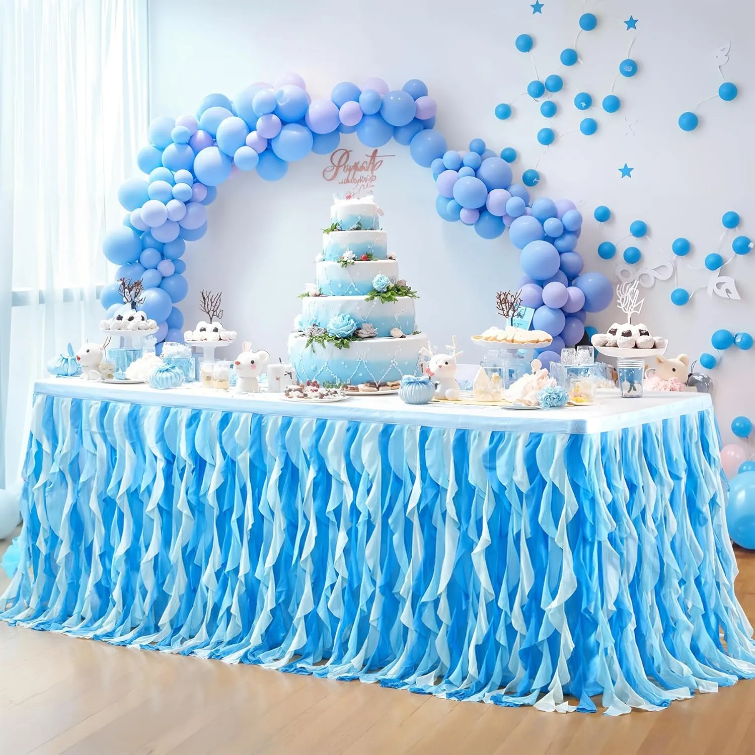 Partisky Ocean Blue Tulle Tutu Ruffle Curly Willow Table Skirt for Rectangle Table 9ft,Under The Sea Baby Shark Themed Table Cloth for Boys Girls Birthday Party or Baby Shower