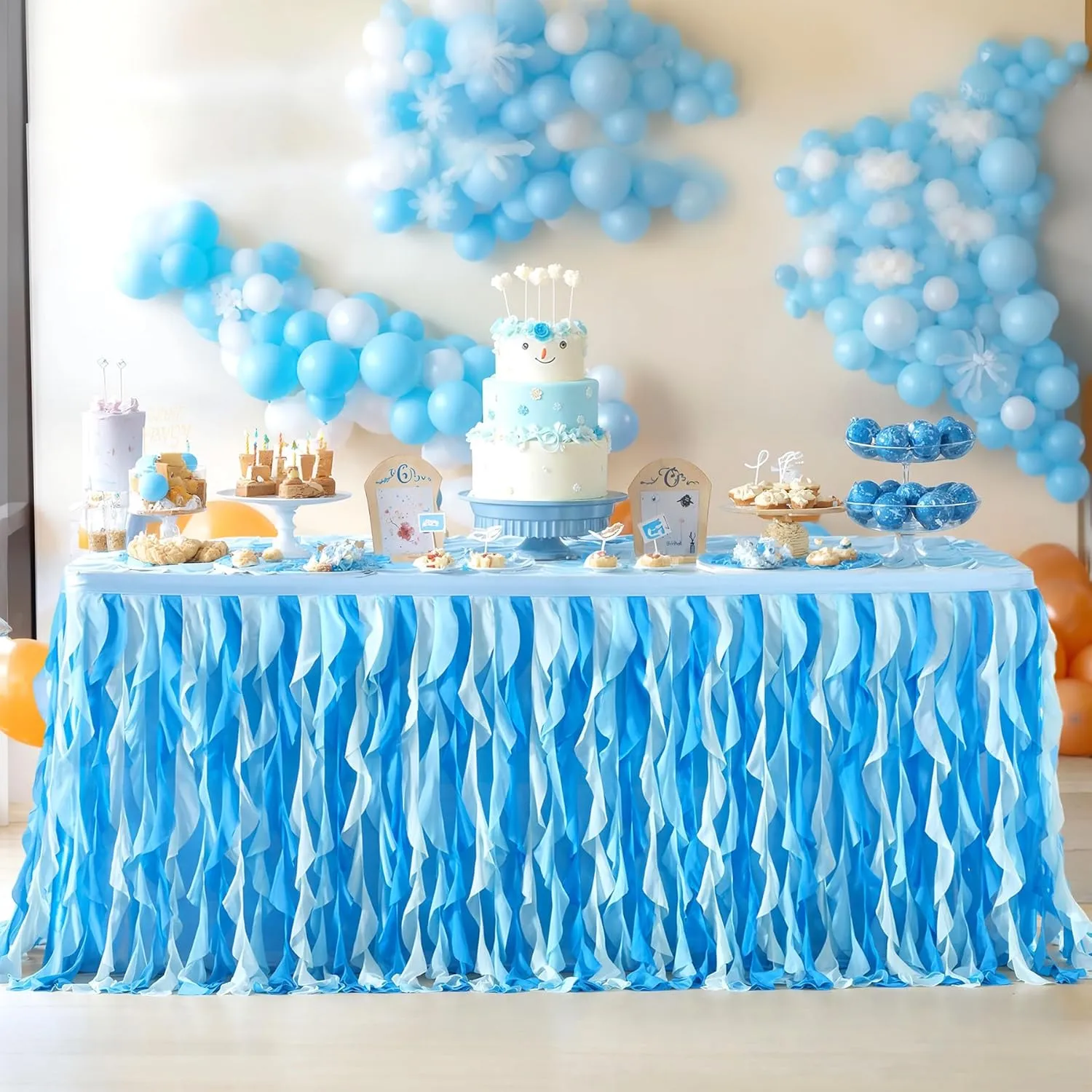 Partisky Ocean Blue Tulle Tutu Ruffle Curly Willow Table Skirt for Rectangle Table 9ft,Under The Sea Baby Shark Themed Table Cloth for Boys Girls Birthday Party or Baby Shower