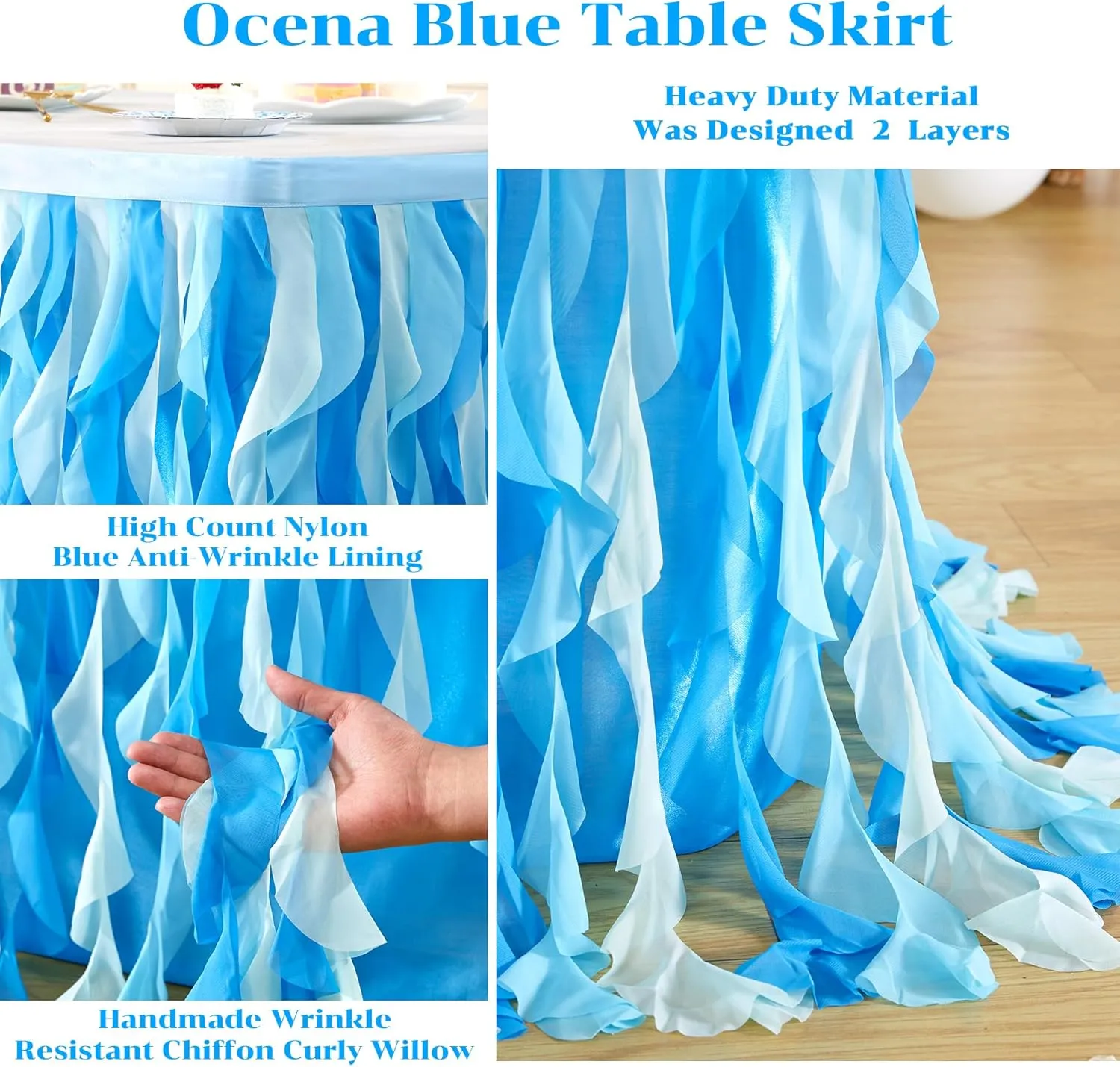 Partisky Ocean Blue Tulle Tutu Ruffle Curly Willow Table Skirt for Rectangle Table 9ft,Under The Sea Baby Shark Themed Table Cloth for Boys Girls Birthday Party or Baby Shower
