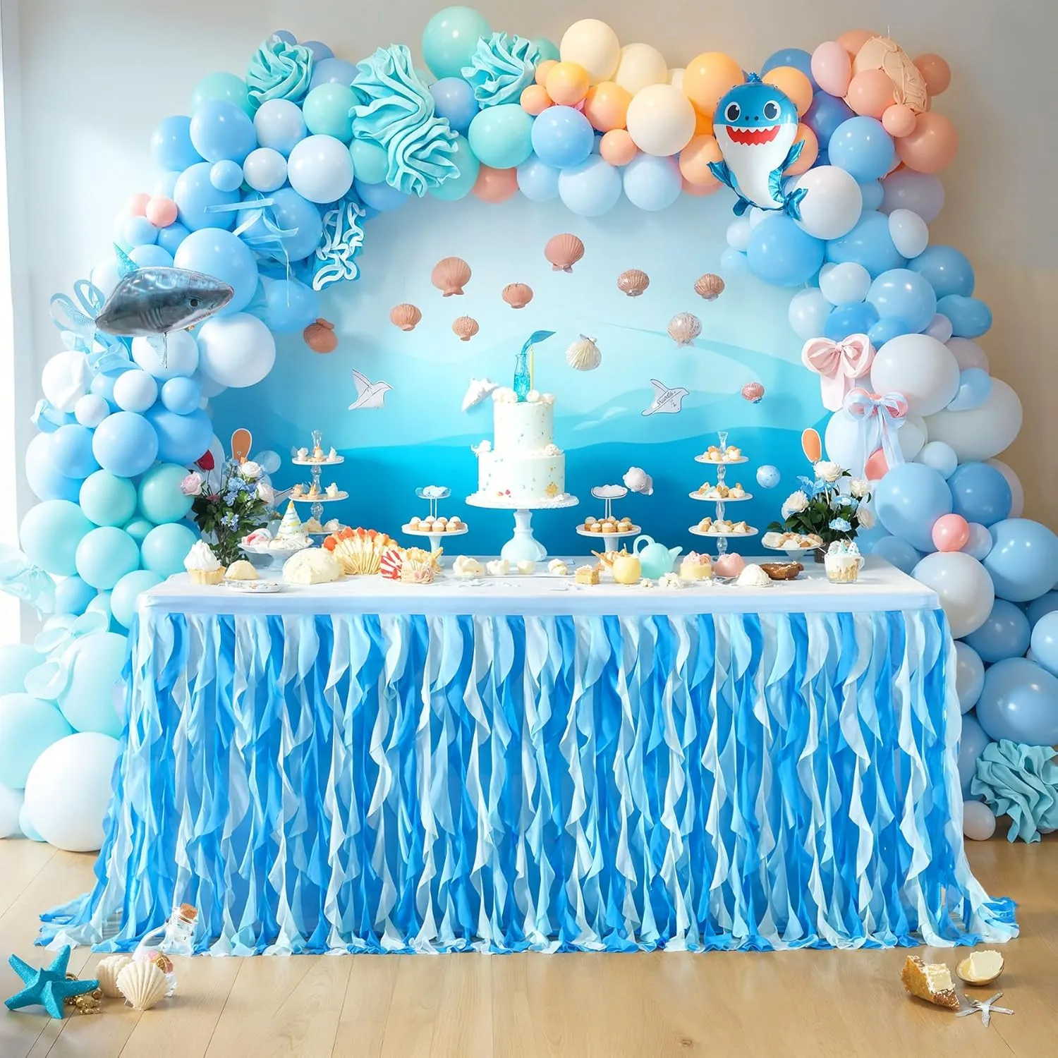 Partisky Ocean Blue Tulle Tutu Ruffle Curly Willow Table Skirt for Rectangle Table 9ft,Under The Sea Baby Shark Themed Table Cloth for Boys Girls Birthday Party or Baby Shower