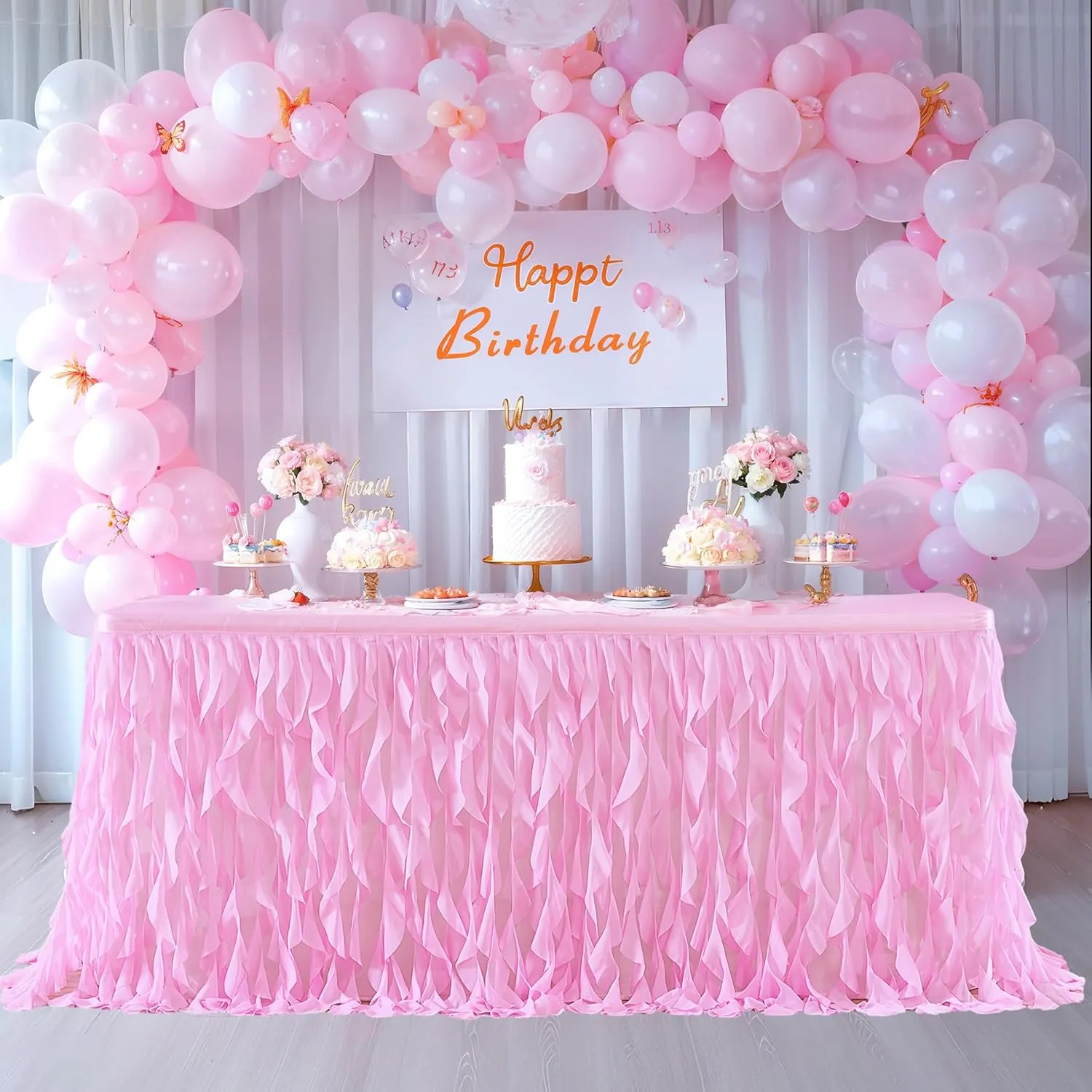 Partisky Pink Tulle Curly Willow Table Skirt for Rectangle Table 9ft, Ruffle Tutu Table Cloth for Girls Baby Shower,Birthday Party Candy Cake Tables