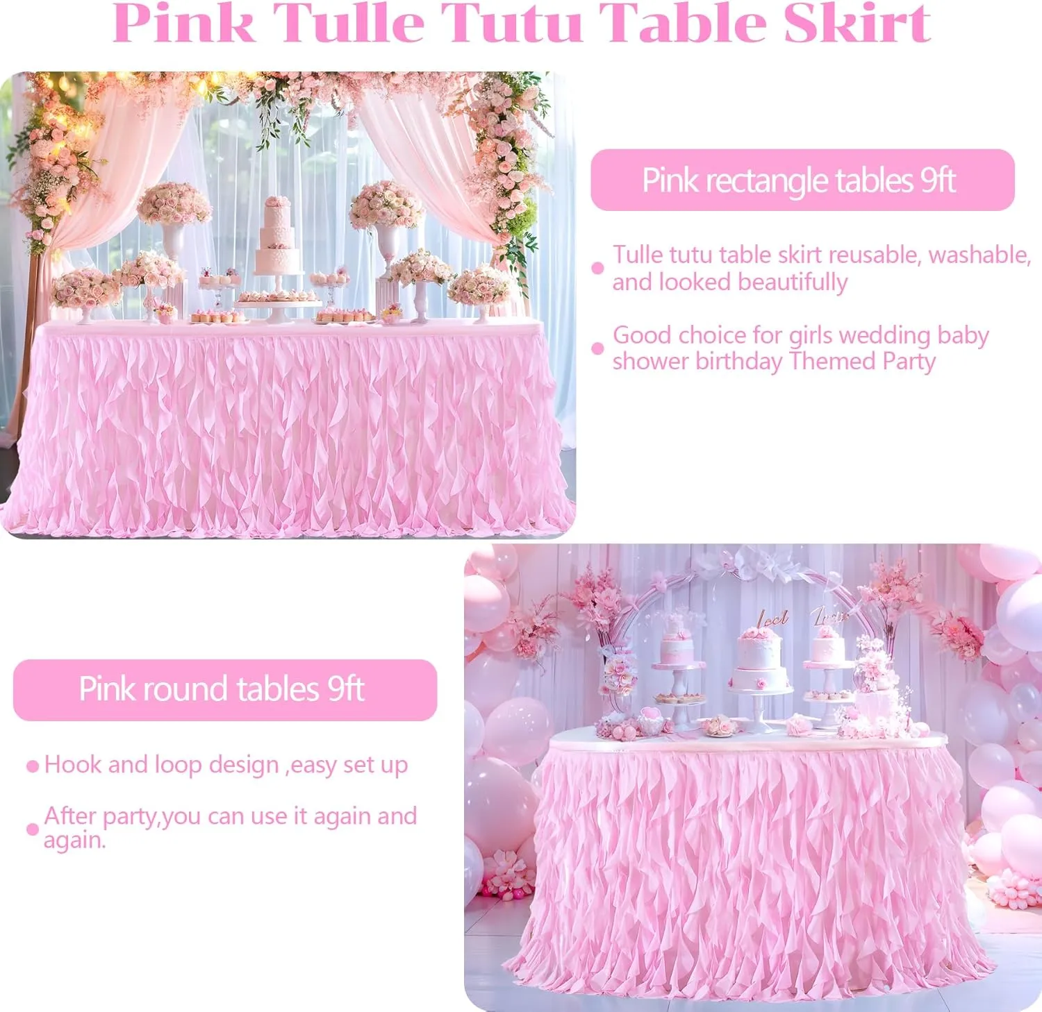 Partisky Pink Tulle Curly Willow Table Skirt for Rectangle Table 9ft, Ruffle Tutu Table Cloth for Girls Baby Shower,Birthday Party Candy Cake Tables