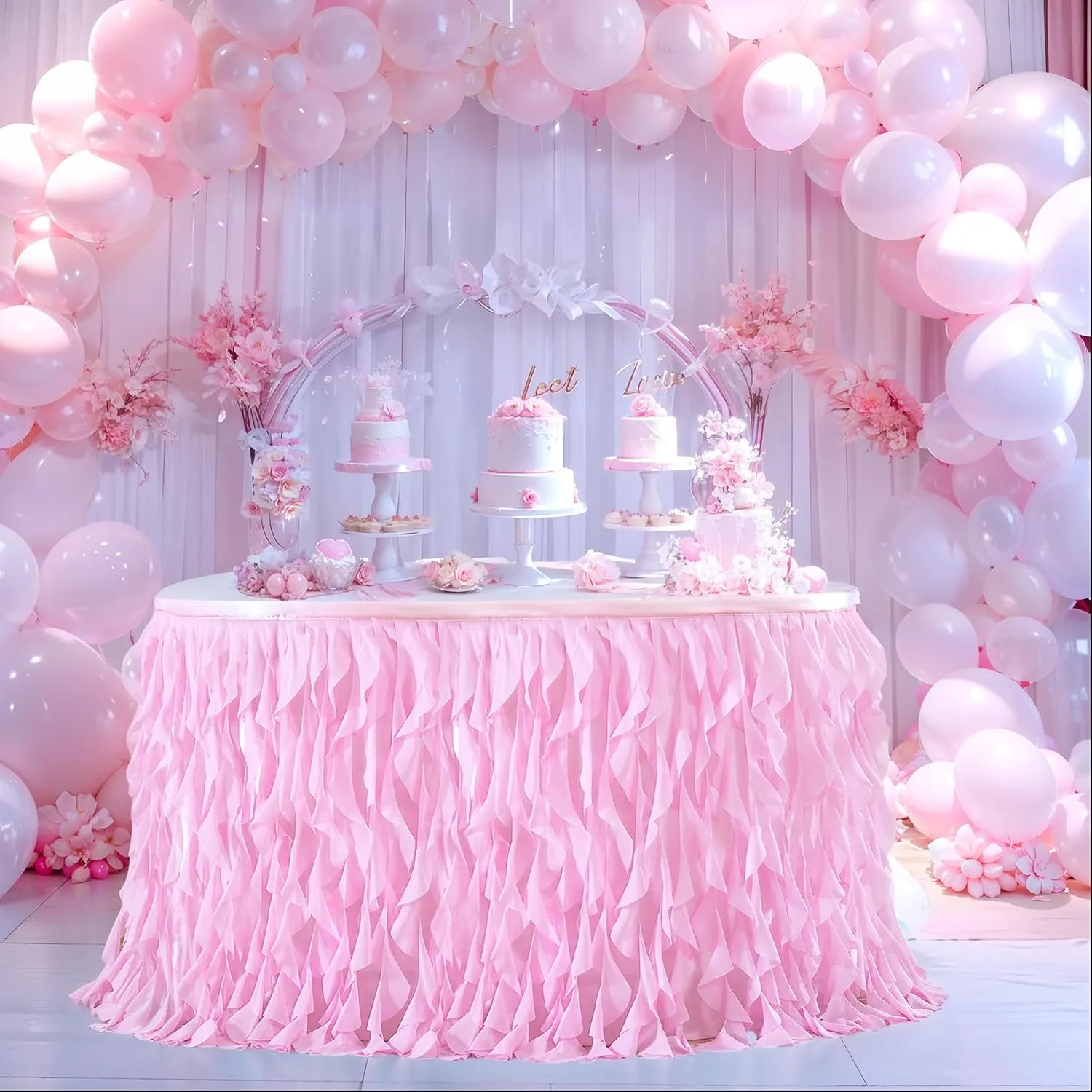Partisky Pink Tulle Curly Willow Table Skirt for Rectangle Table 9ft, Ruffle Tutu Table Cloth for Girls Baby Shower,Birthday Party Candy Cake Tables