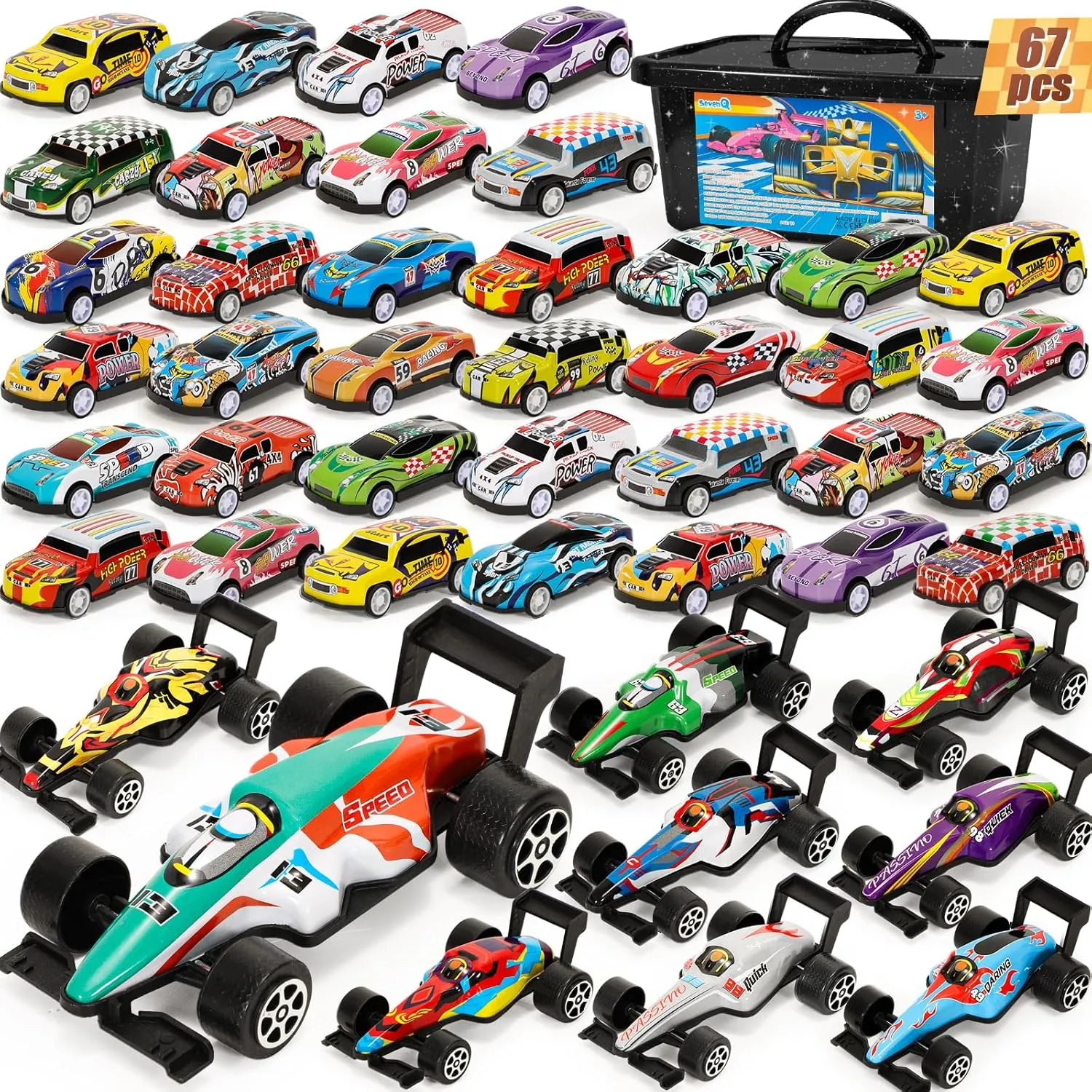 Party Favors Toy Cars for Boys with Storage Box, 67Pcs Pull Back Cars F1 Race Cars Bulk, Treasure Box Toys for Classroom Goodie Bag Stocking Stuffers for Kids Toddler Vehicles Mini Fidget Toys