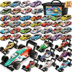 Party Favors Toy Cars for Boys with Storage Box, 67Pcs Pull Back Cars F1 Race Cars Bulk, Treasure Box Toys for Classroom Goodie Bag Stocking Stuffers for Kids Toddler Vehicles Mini Fidget Toys