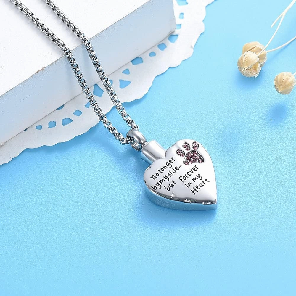 Pet Memorial Jewelry Hold Multi-color Crystal Dog Paw Heart Cremation Necklace For Ashes -No Longer By My Side But Forever In My Heart Keepsake Pendant