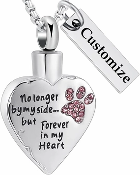 Pet Memorial Jewelry Hold Multi-color Crystal Dog Paw Heart Cremation Necklace For Ashes -No Longer By My Side But Forever In My Heart Keepsake Pendant