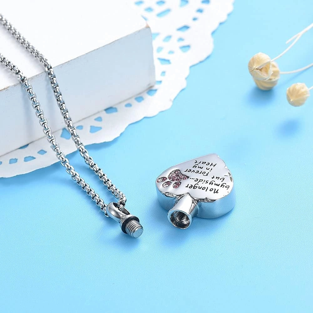 Pet Memorial Jewelry Hold Multi-color Crystal Dog Paw Heart Cremation Necklace For Ashes -No Longer By My Side But Forever In My Heart Keepsake Pendant