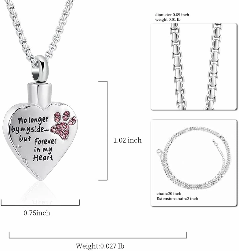 Pet Memorial Jewelry Hold Multi-color Crystal Dog Paw Heart Cremation Necklace For Ashes -No Longer By My Side But Forever In My Heart Keepsake Pendant