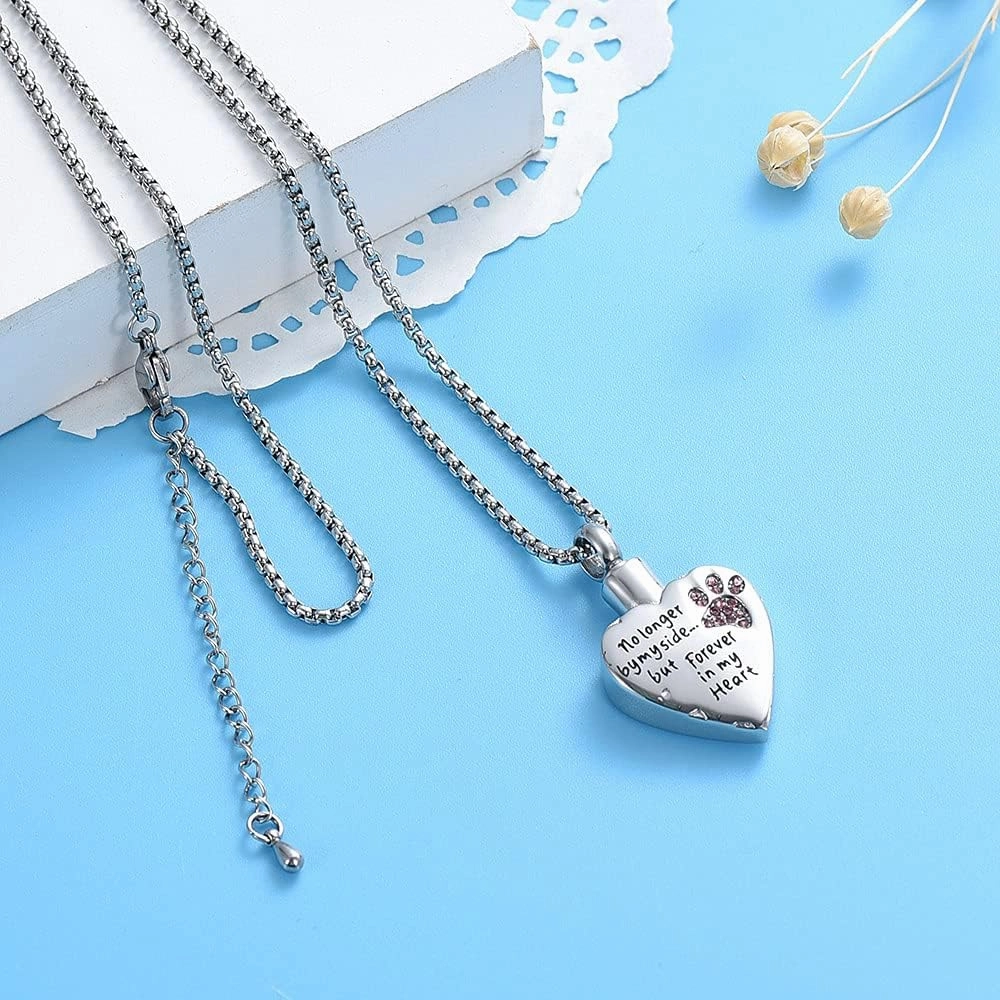 Pet Memorial Jewelry Hold Multi-color Crystal Dog Paw Heart Cremation Necklace For Ashes -No Longer By My Side But Forever In My Heart Keepsake Pendant