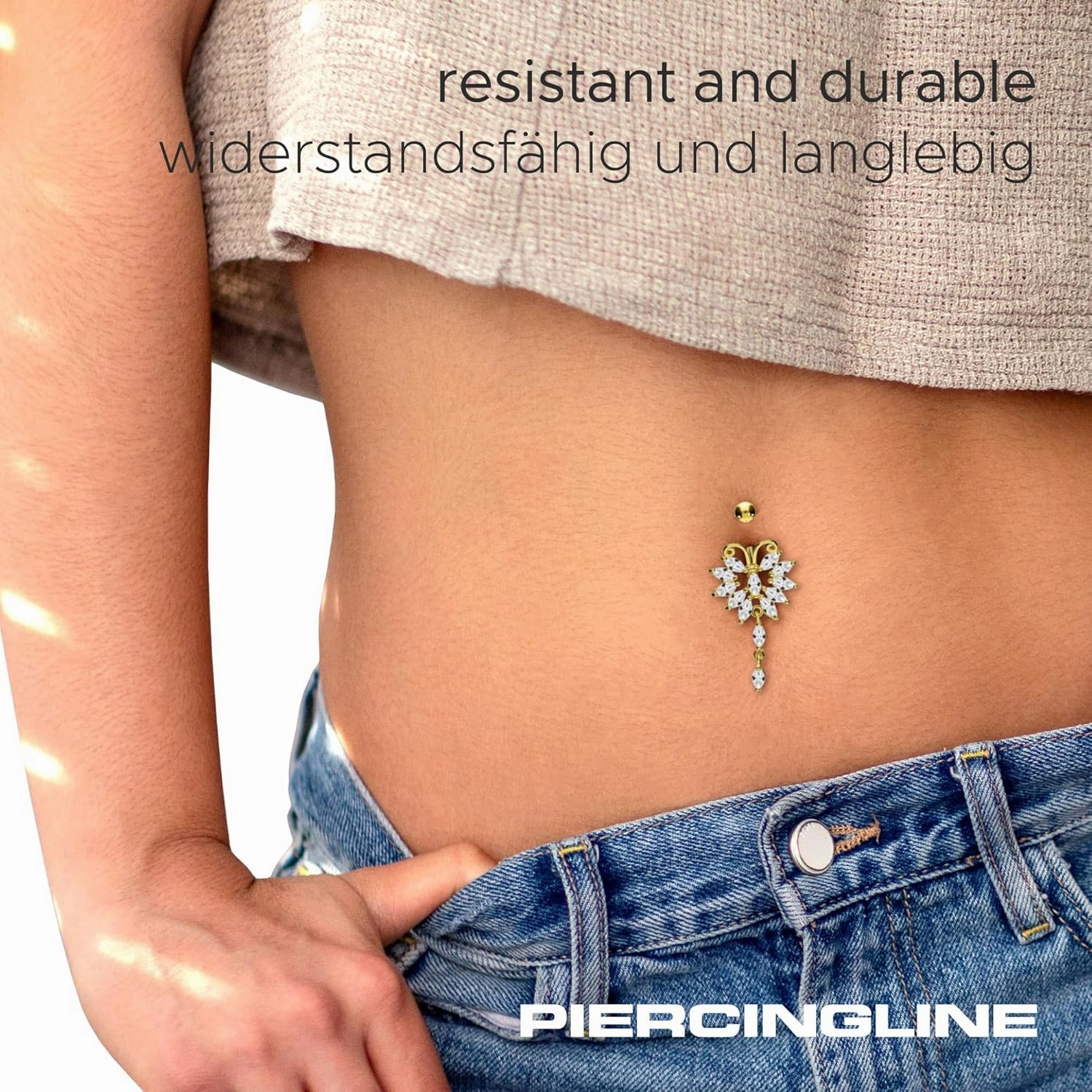 PIERCINGLINE surgical steel dangle belly button piercing with big butterfly - belly button ring surgical steel, gold, silver, rosegold piercing - new version with improved durability