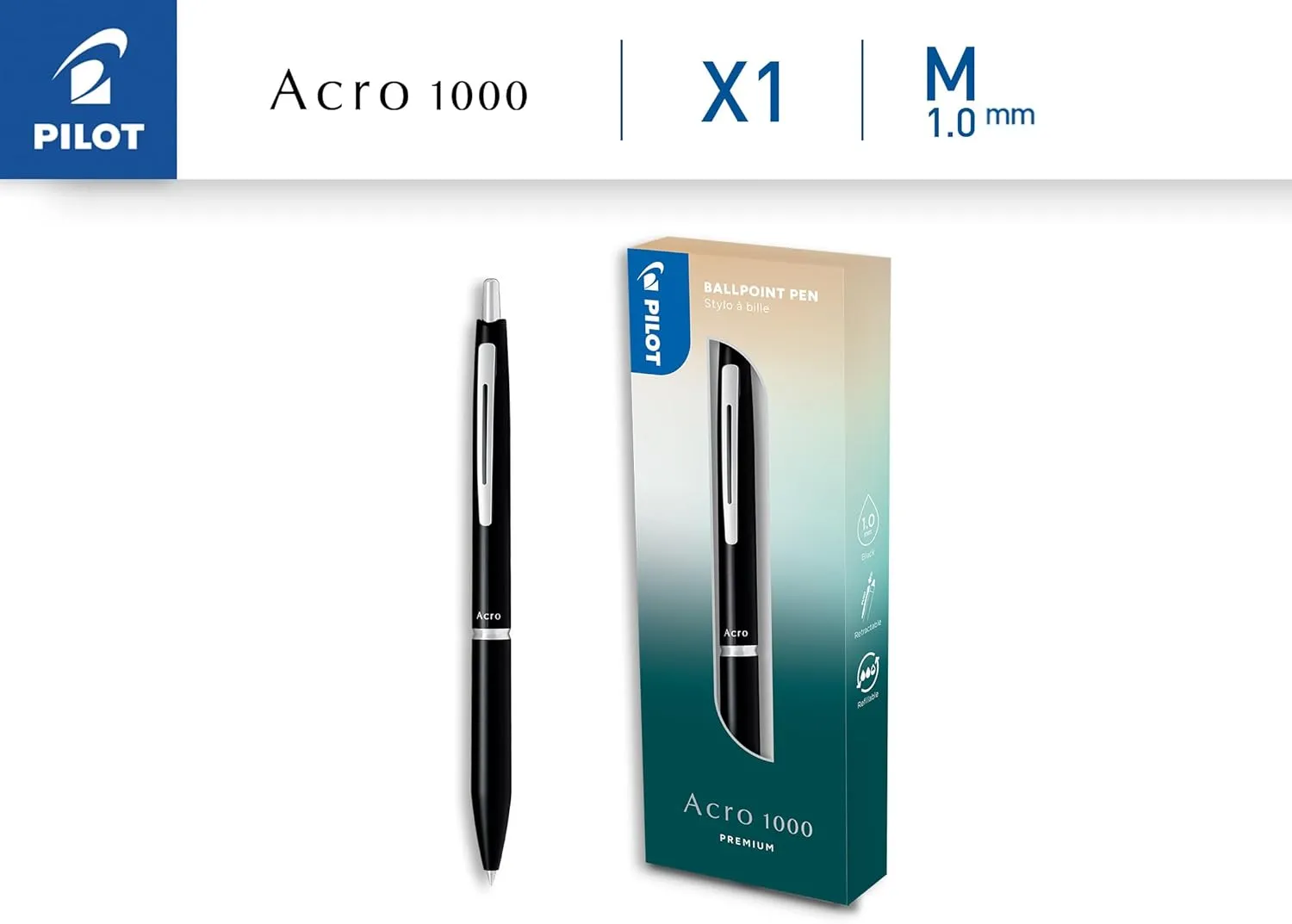 Pilot - Premium Acro 1000 Black ballpoint pen in gift box - Ultra soft ink for unparalleled writing smoothness - Refillable and retractable ballpoint pen - Black ink - Medium point