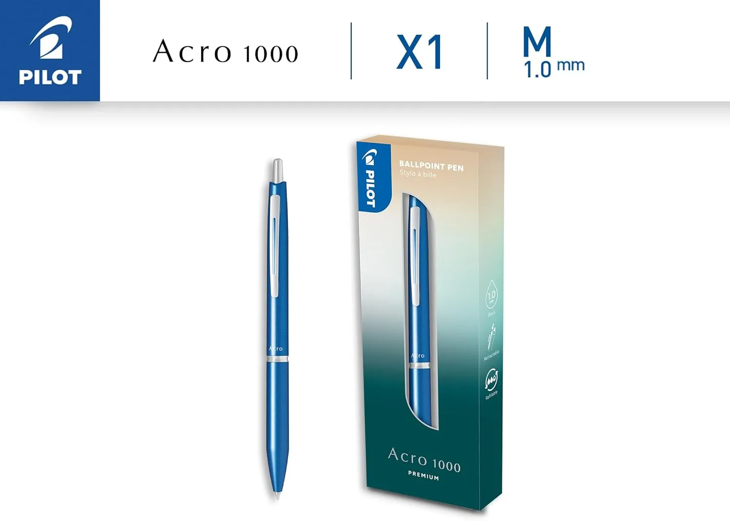 Pilot - Premium Acro 1000 Sky Blue ballpoint pen in gift box - Ultra soft ink for unparalleled writing smoothness - Refillable and retractable ballpoint pen - Black ink - Medium point