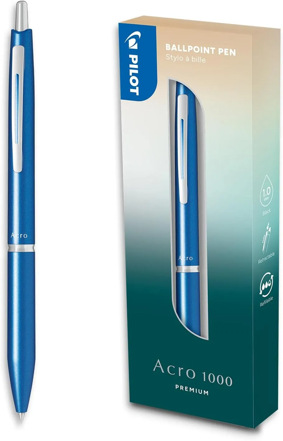 Pilot - Premium Acro 1000 Sky Blue ballpoint pen in gift box - Ultra soft ink for unparalleled writing smoothness - Refillable and retractable ballpoint pen - Black ink - Medium point