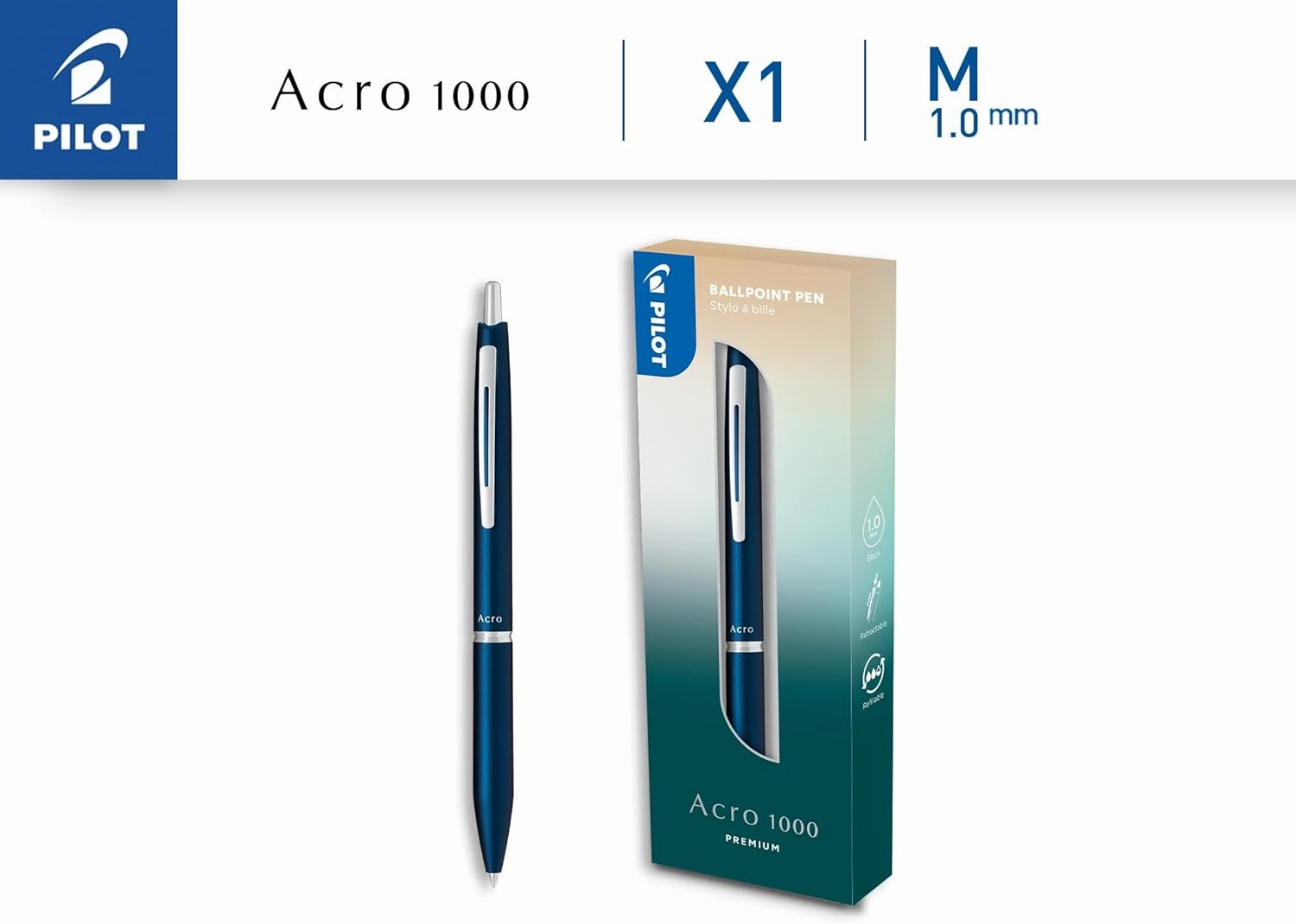 Pilot - Premium Acro 1000 Navy Blue ballpoint pen in gift box - Ultra soft ink for unparalleled writing smoothness - Refillable and retractable ballpoint pen - Black ink - Medium point