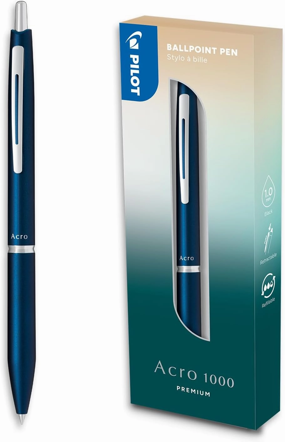 Pilot - Premium Acro 1000 Navy Blue ballpoint pen in gift box - Ultra soft ink for unparalleled writing smoothness - Refillable and retractable ballpoint pen - Black ink - Medium point